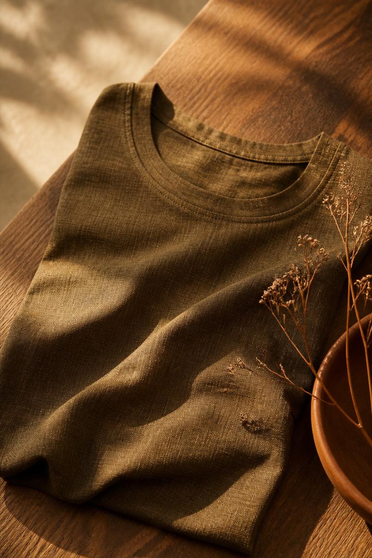 Premium linen tee in warm olive tones
